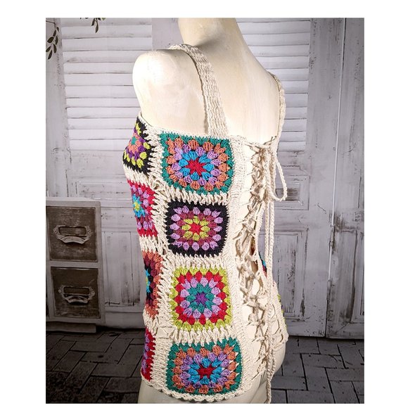 Jaxli Granny Square Crochet Multi Color Tank Top Lace Up Back, Lined Size Small - Picture 3 of 7